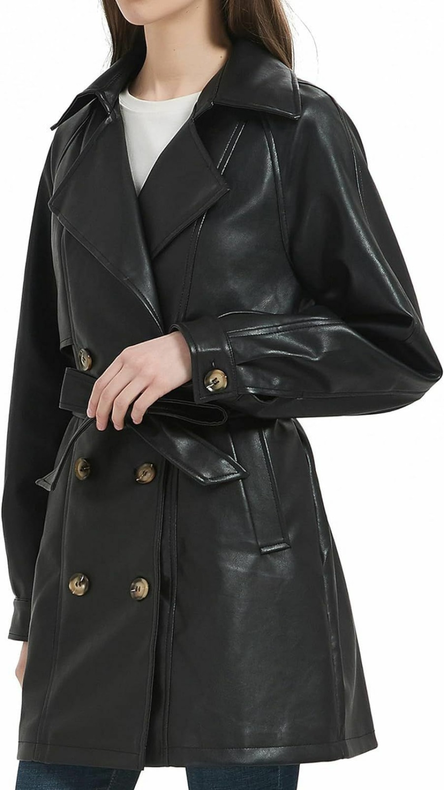 RISISSIDA Risissida Women Faux Leather Long Jacket Spring And Fall Fashion, Double-Breasted Mid Length Trench Coat Belted | Coats, Jackets & Vests