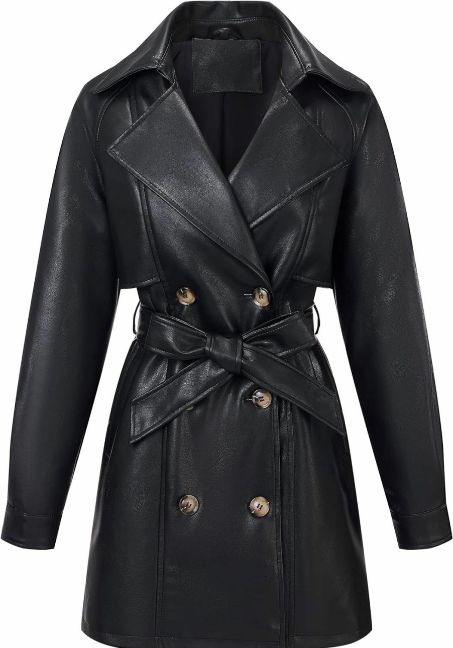 RISISSIDA Risissida Women Faux Leather Long Jacket Spring And Fall Fashion, Double-Breasted Mid Length Trench Coat Belted | Coats, Jackets & Vests