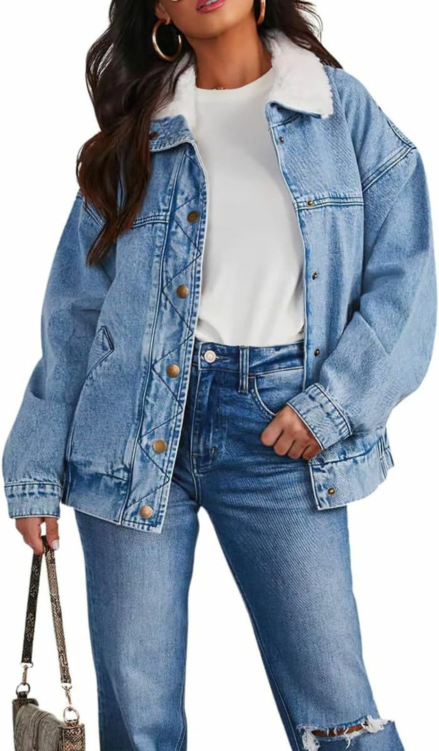 chouyatou Chouyatou Women'S Warm Sherpa Collar Denim Jacket Faux Fur Collar Denim Coat Trucker Jacket | Coats, Jackets & Vests