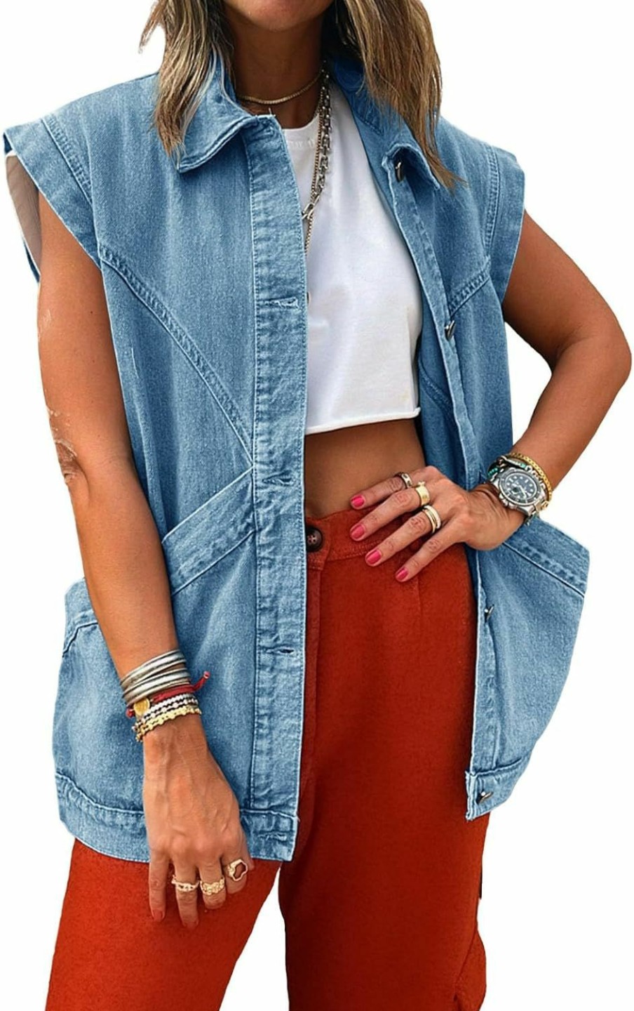 PLNOTME Plnotme Womens Oversized Sleeveless Denim Vest Classic Button Down Jean Vest Casual Utility Lapel Jean Jacket | Coats, Jackets & Vests