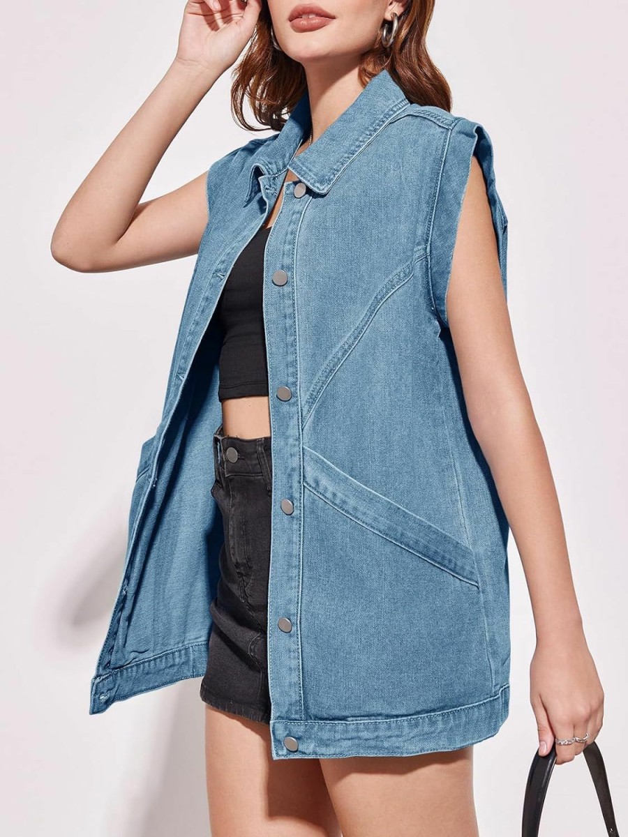 PLNOTME Plnotme Womens Oversized Sleeveless Denim Vest Classic Button Down Jean Vest Casual Utility Lapel Jean Jacket | Coats, Jackets & Vests