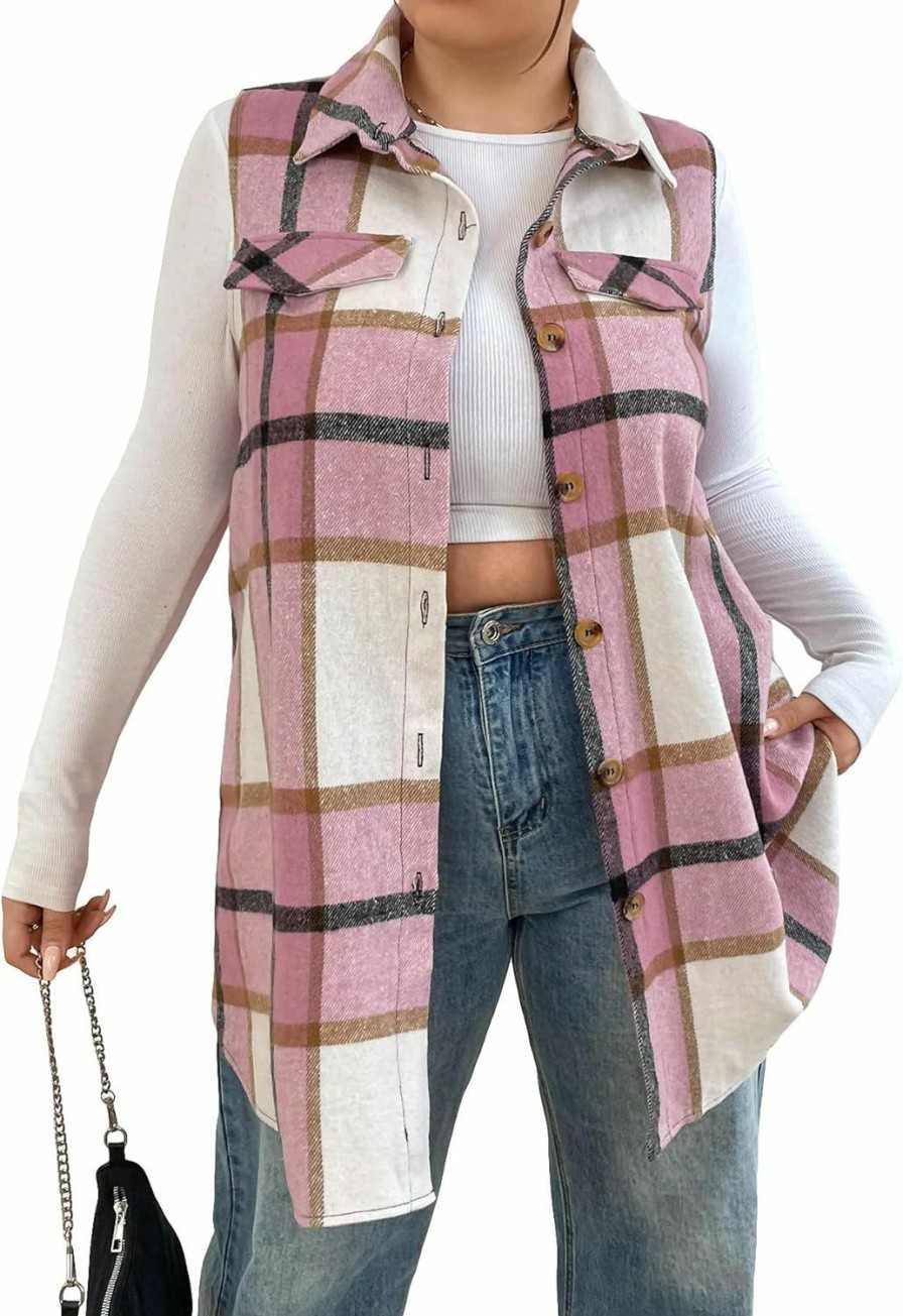 SOLY HUX Soly Hux Women'S Plus Size Plaid Vest Coat Button Front Sleeveless Blazer Jacket Outerwear | Coats, Jackets & Vests