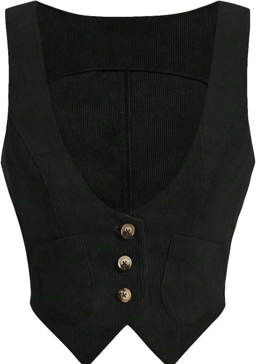 Verdusa Verdusa Women'S Button Front Scoop Neck Sleeveless Patch Pocket Crop Vest Blazer Jacket | Coats, Jackets & Vests