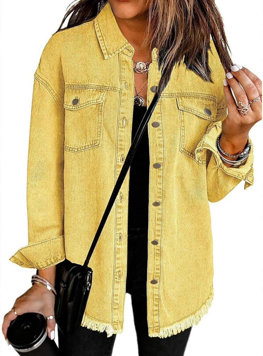 Vetinee Vetinee Women'S Oversized Button Up Frayed Hem Shacket Long Sleeve Pockets Denim Jean Jacket | Coats, Jackets & Vests