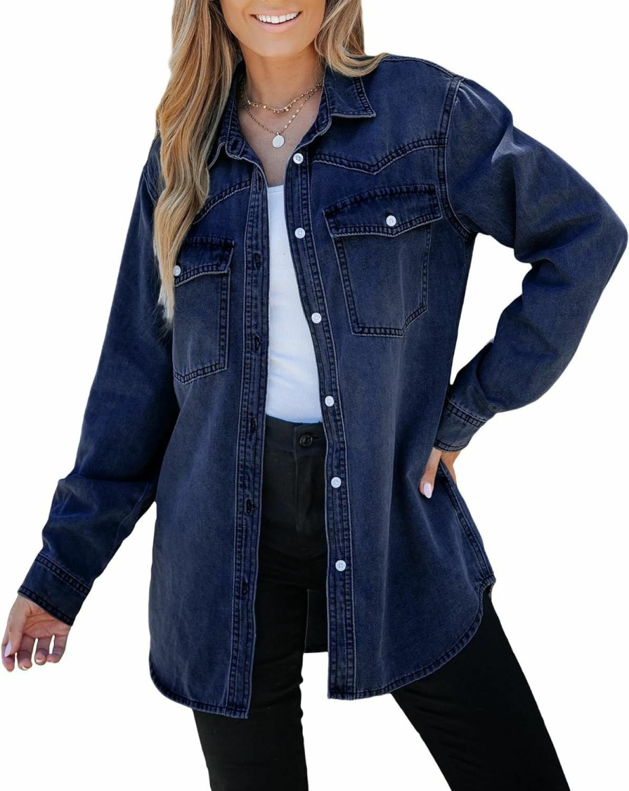 luvamia Luvamia Long Denim Jacket For Women Lightweight Trendy Jean Button Down Shirts Jackets Oversized Shackets With Pockets | Coats, Jackets & Vests