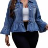 LifeShe Lifeshe Women'S Peplum Denim Jackets Turn Down Collar Button Down Plus Size Cropped Ruffle Hem Coat | Coats, Jackets & Vests