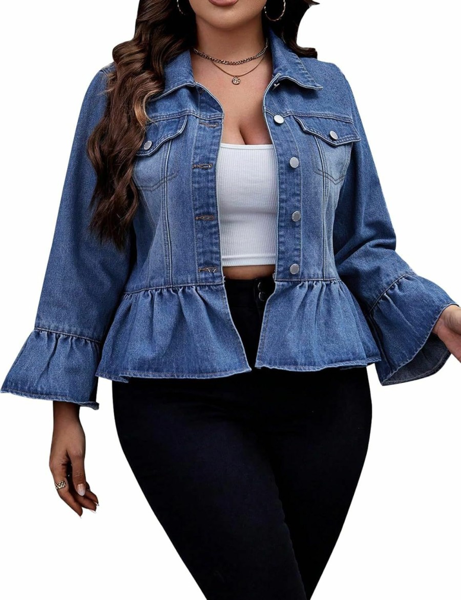 LifeShe Lifeshe Women'S Peplum Denim Jackets Turn Down Collar Button Down Plus Size Cropped Ruffle Hem Coat | Coats, Jackets & Vests