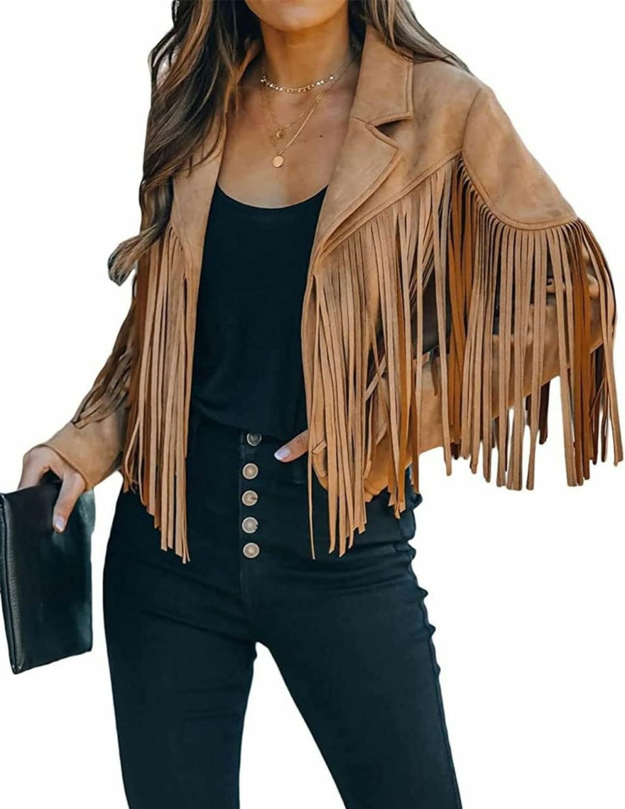 ebossy Ebossy Women'S Suede Fringe Jacket Long Sleeve Slim Faux Leather Boyfriend Cropped Top With Tassles | Coats, Jackets & Vests