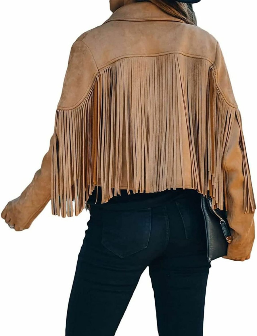 ebossy Ebossy Women'S Suede Fringe Jacket Long Sleeve Slim Faux Leather Boyfriend Cropped Top With Tassles | Coats, Jackets & Vests