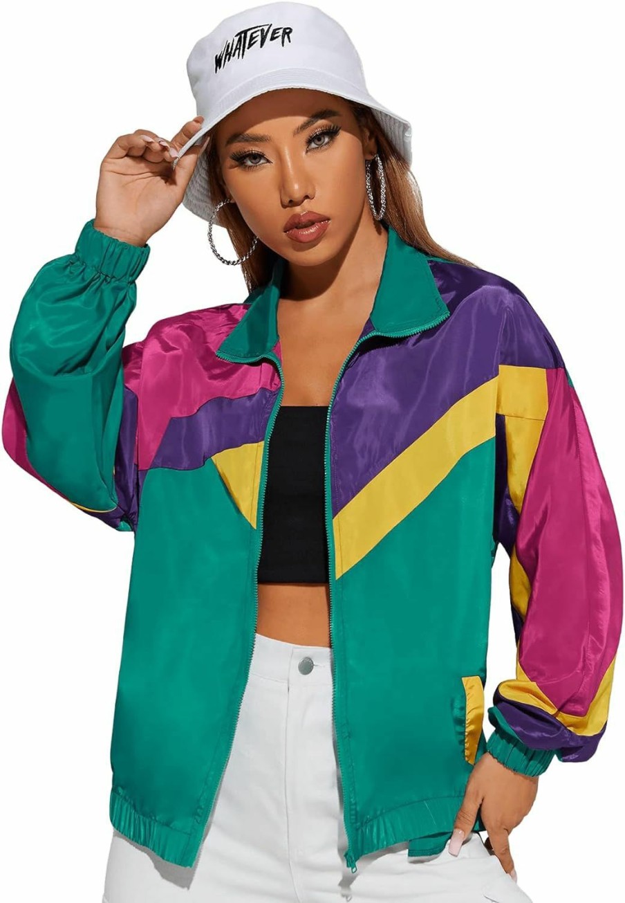 SweatyRocks Sweatyrocks Women'S Zip Up Color Block Lightweight Jacket Patchwork Sport Windbreaker Jacket Coat Outerwear | Coats, Jackets & Vests