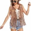 Danceislife Women Tassel Vest 70S Hippie Sparkly Fringe Sequin Jacket Cardigan Rivet Sleeveless Open Front Coat | Coats, Jackets & Vests