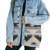 Lumister Lumister Women'S Aztec Denim Jacket Distressed Lapel Long Sleeve Vintage Button Down Denim Jacket Shacket | Coats, Jackets & Vests