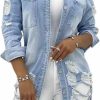 vunahzma Vunahzma Womens Denim Jacket Ripped Sexy Long Sleeve Distressed Jeans Coat Denim Trucker Jackets With Pocket(Light Blue 2Xl) | Coats, Jackets & Vests