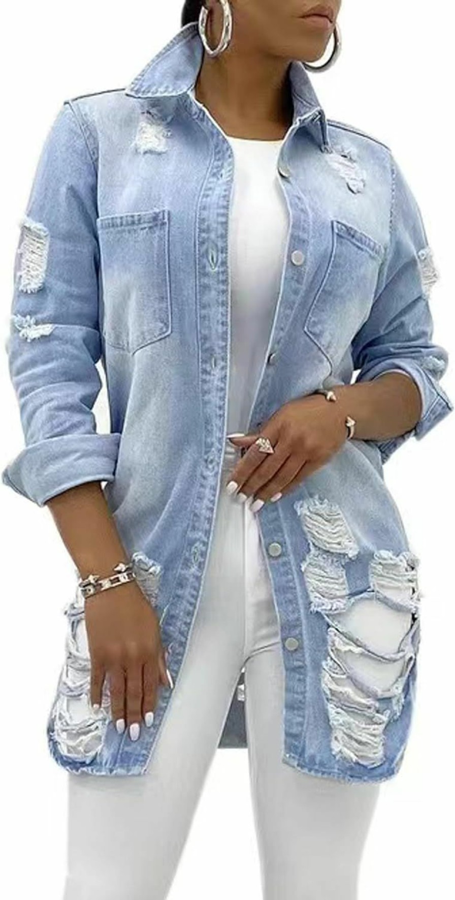 vunahzma Vunahzma Womens Denim Jacket Ripped Sexy Long Sleeve Distressed Jeans Coat Denim Trucker Jackets With Pocket(Light Blue 2Xl) | Coats, Jackets & Vests