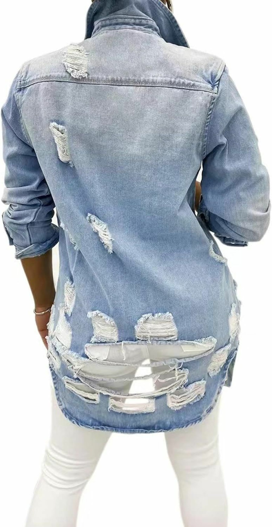 vunahzma Vunahzma Womens Denim Jacket Ripped Sexy Long Sleeve Distressed Jeans Coat Denim Trucker Jackets With Pocket(Light Blue 2Xl) | Coats, Jackets & Vests