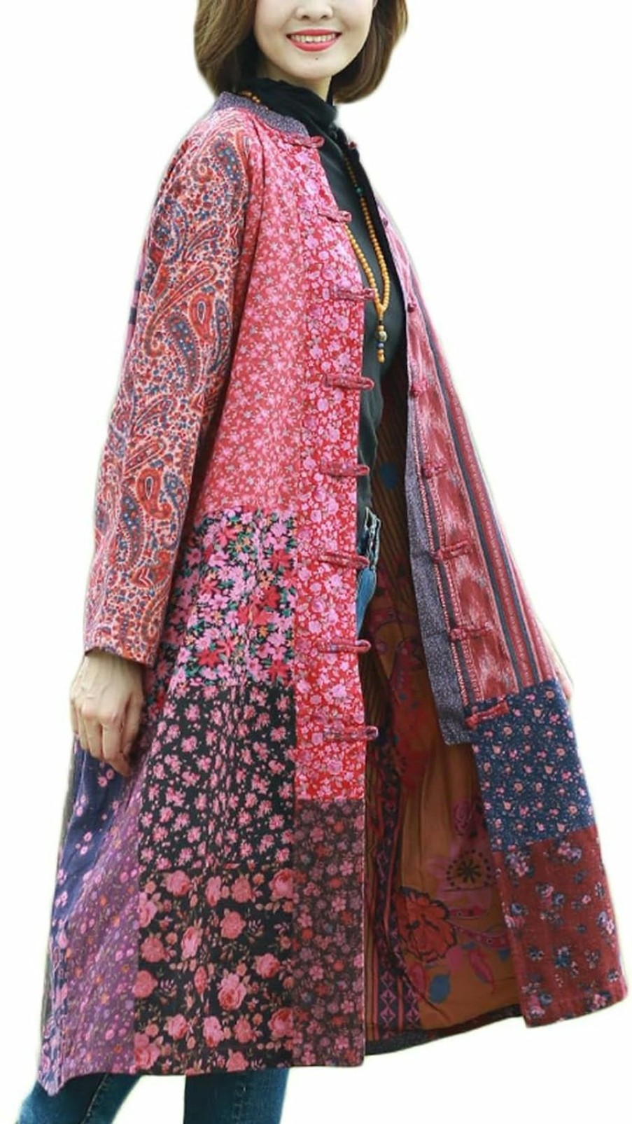 NFYM Women'S Trench Coat Long Cotton Linen Floral Print Jacket Cottagecore Clothing Patchwork Outwear Each Piece Unique | Coats, Jackets & Vests