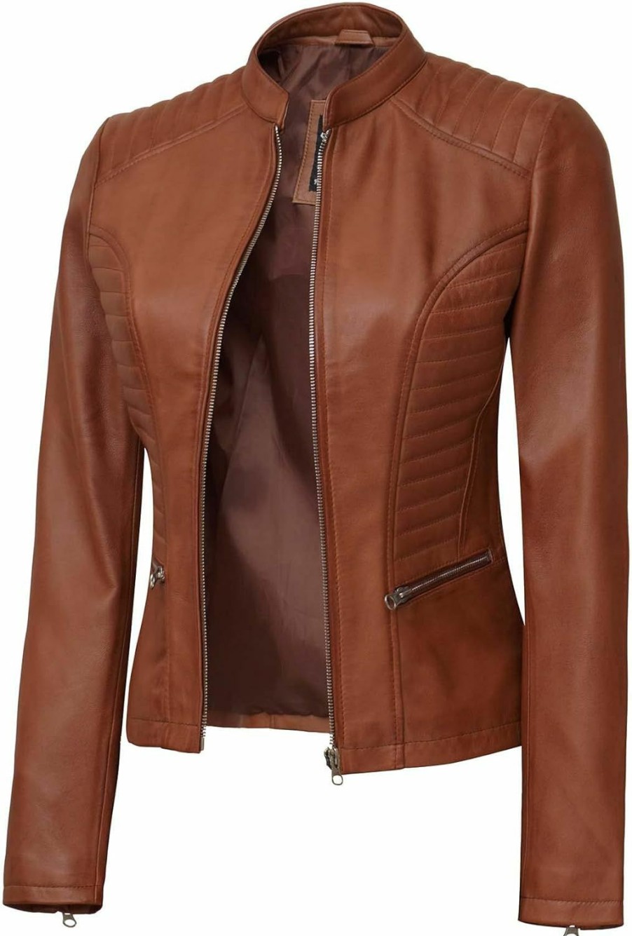 fjackets Fjackets Real Leather Jacket Women - Cafe Racer Slim Fit Stand Collar Womens Motorcycle Jackets | Coats, Jackets & Vests