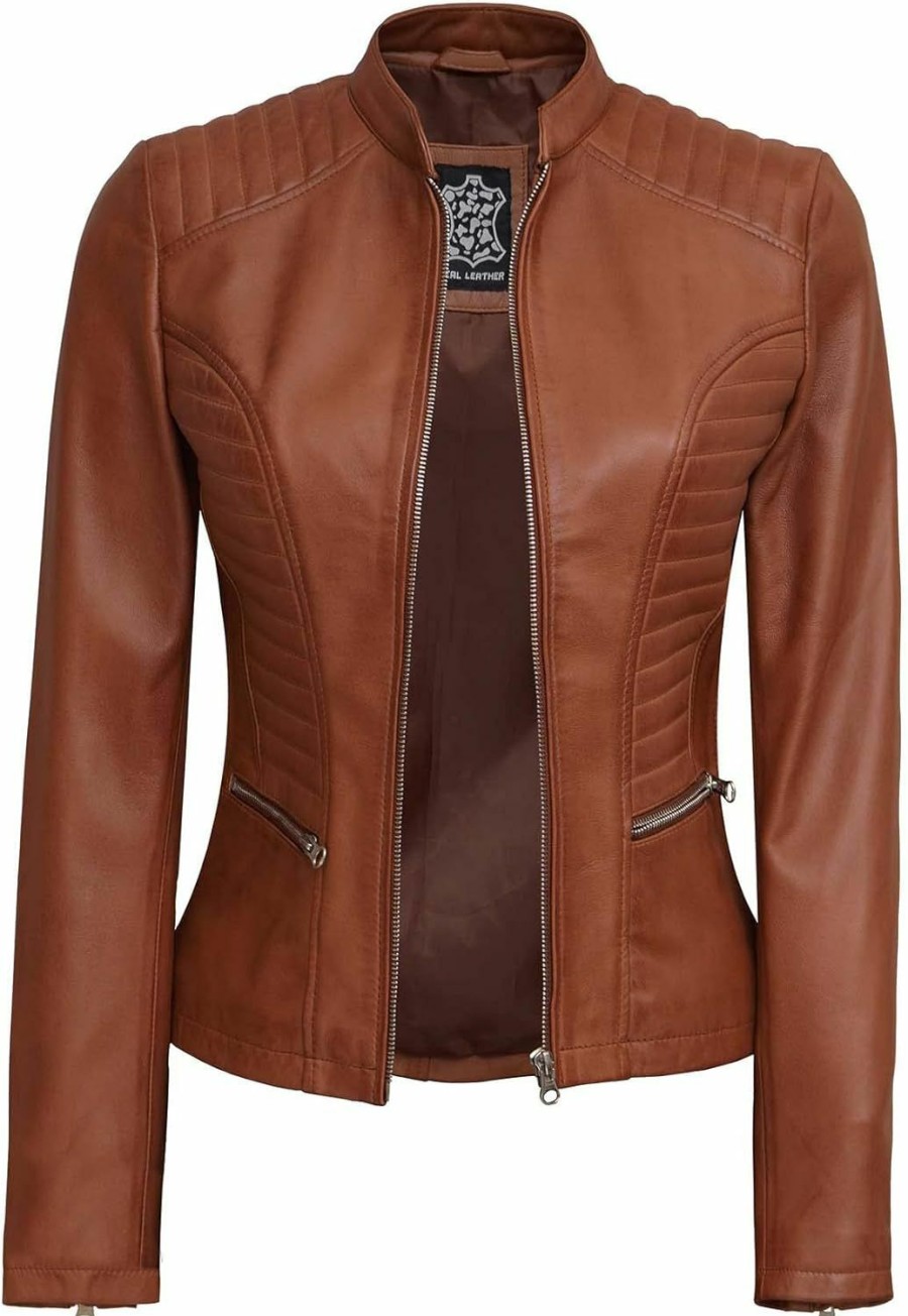 fjackets Fjackets Real Leather Jacket Women - Cafe Racer Slim Fit Stand Collar Womens Motorcycle Jackets | Coats, Jackets & Vests