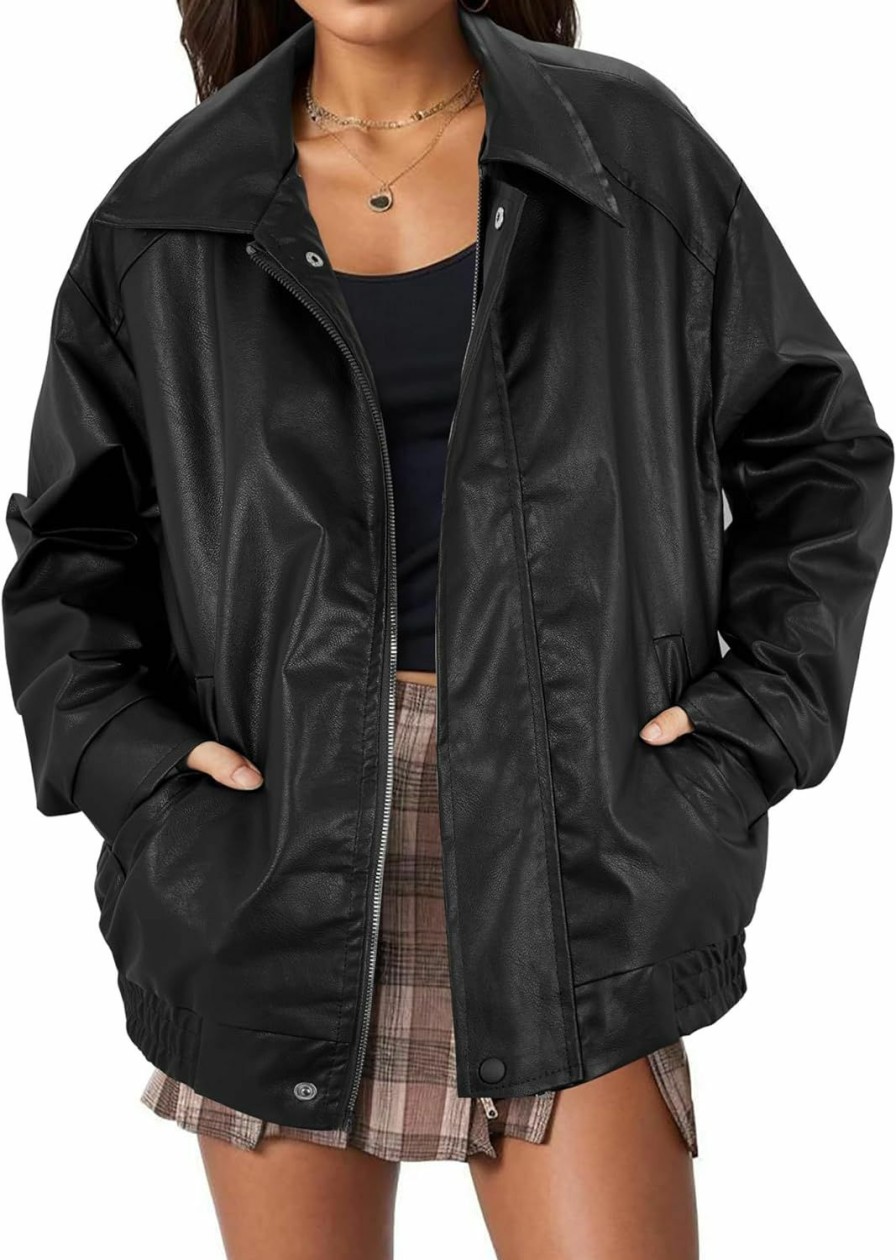 American Trends American Trends Women Faux Leather Jacket Oversize Moto Biker Coat Long Sleeve Zip Up Motorcycle Fall Outfits | Coats, Jackets & Vests