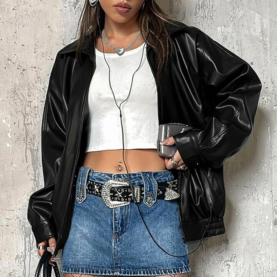 American Trends American Trends Women Faux Leather Jacket Oversize Moto Biker Coat Long Sleeve Zip Up Motorcycle Fall Outfits | Coats, Jackets & Vests