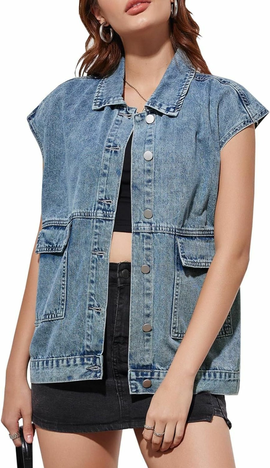 Imily Bela Imily Bela Womens Denim Vest Top Button Down Cap Sleeve Loose Fit Jean Jacket With Pockets | Coats, Jackets & Vests