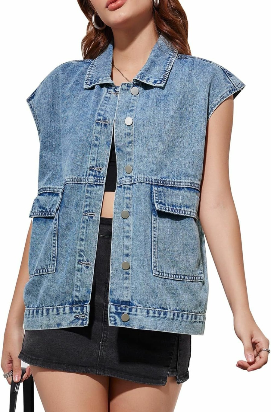 Imily Bela Imily Bela Womens Denim Vest Top Button Down Cap Sleeve Loose Fit Jean Jacket With Pockets | Coats, Jackets & Vests