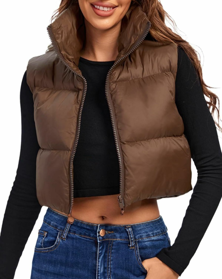 Fuinloth Fuinloth Women'S Padded Vest, High Stand Collar Lightweight Zip Crop Puffer Gilet | Coats, Jackets & Vests