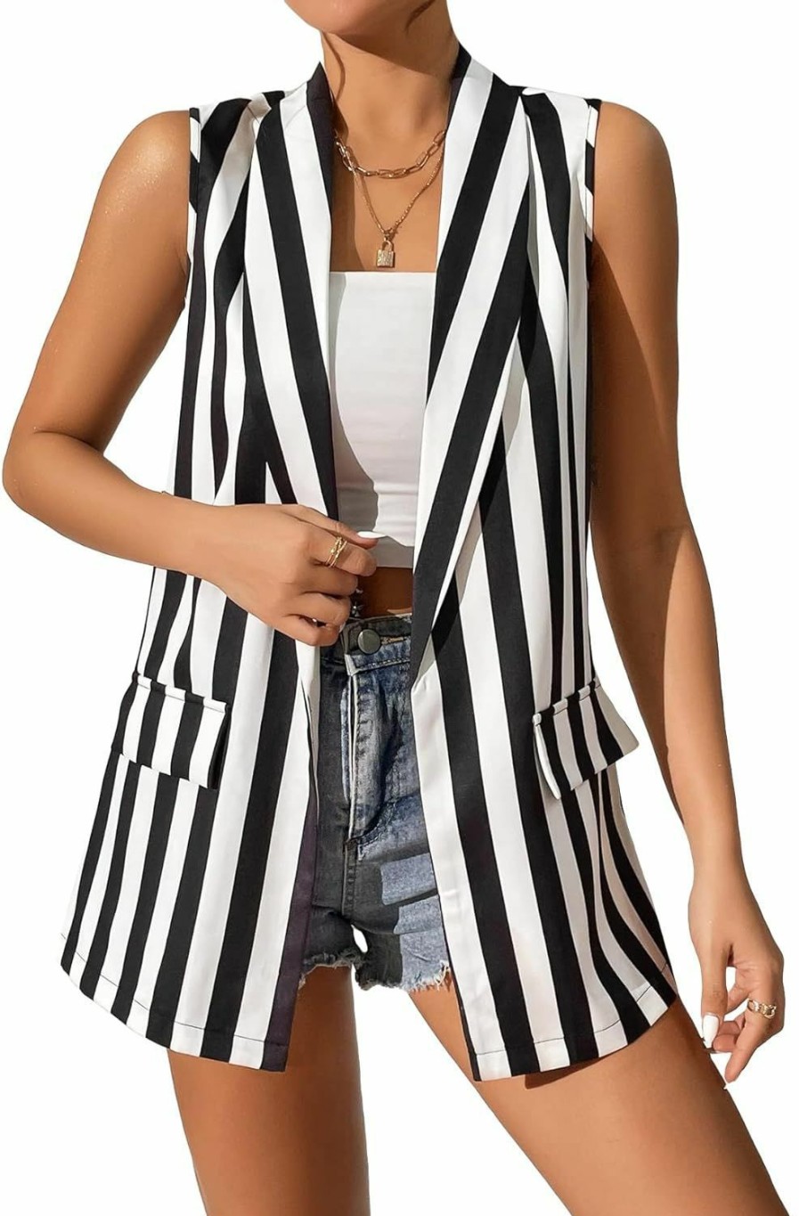 Verdusa Verdusa Women'S Striped Open Front Sleeveless Shawl Collar Vest Blazer Jacket | Coats, Jackets & Vests