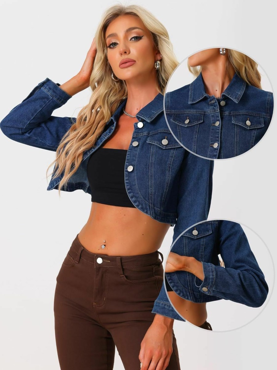 Allegra K Allegra K Denim Jacket For Women'S Collared Button Down Long Sleeve Crop Jean Jackets | Coats, Jackets & Vests