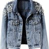 Duyang Duyang Women'S Embroidered Pearls Rivet Denim Jacket Casual Loose Short Jean Coat | Coats, Jackets & Vests