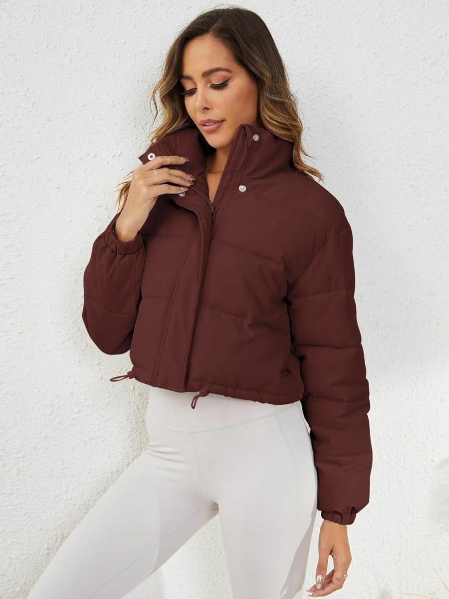 Ogfao Women'S Cropped Puffer Jacket Long Sleeve Puffy Coat Stand Collar Zip Up Quilted Padded Drawstring Outwear With Pockets | Coats, Jackets & Vests