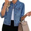 Vetinee Vetinee Womens Jean Jacket Cropped Denim Jackets Stretchy 3/4 Puff Sleeve Distressed Shacket With Pockets | Coats, Jackets & Vests