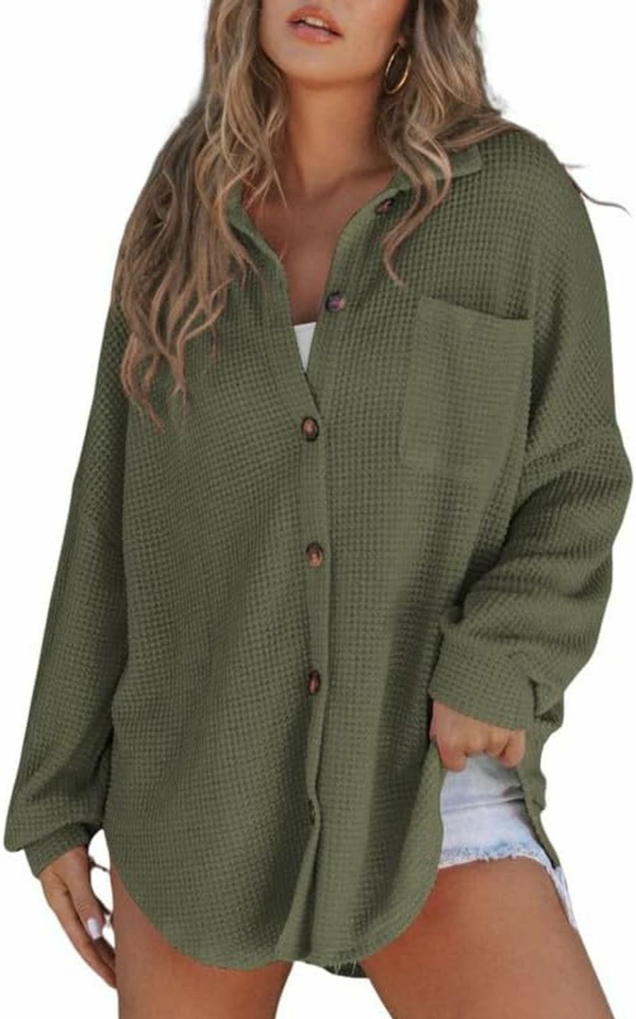 SHEWIN Shewin Women'S Waffle Knit Button Down Shirts Casual Long Sleeve Shacket Jacket Boyfriend Tops Blouses Loose Fit | Coats, Jackets & Vests