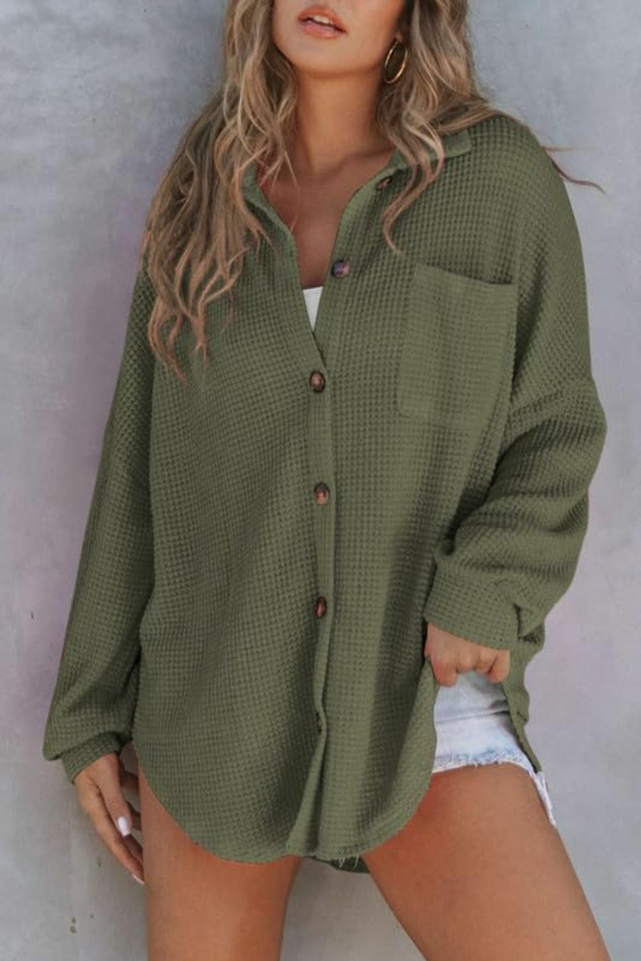 SHEWIN Shewin Women'S Waffle Knit Button Down Shirts Casual Long Sleeve Shacket Jacket Boyfriend Tops Blouses Loose Fit | Coats, Jackets & Vests