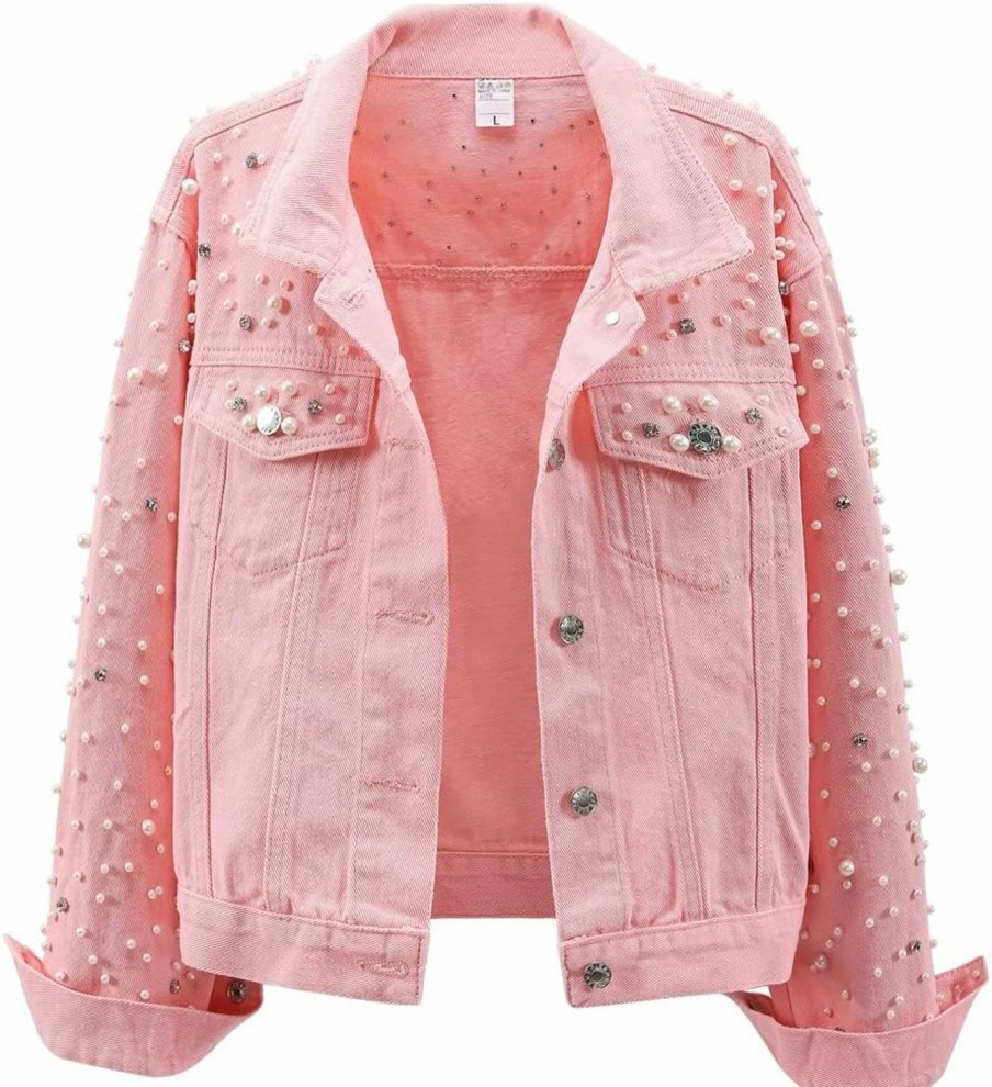 LifeShe Lifeshe Women'S Pearls Denim Jacket Cropped Rhinestones Jean Jacket Coat | Coats, Jackets & Vests