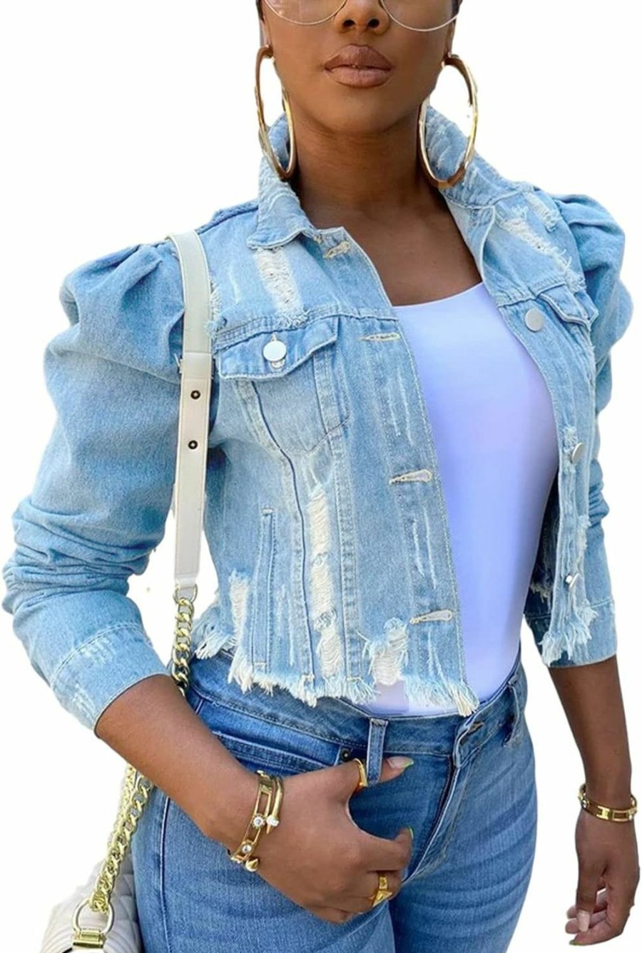 AMEBELLE Amebelle Jean Jacket For Women Long Puff Sleeve Distressed Crop Denim Jackets Top | Coats, Jackets & Vests