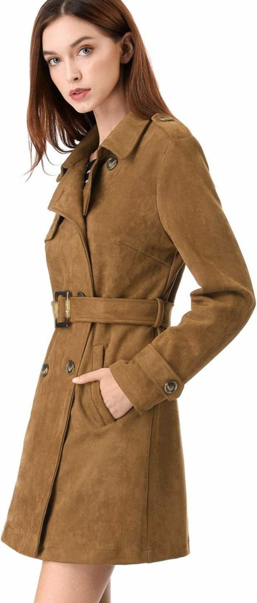 Allegra K Allegra K Women'S Faux Suede Trench Coat Notched Lapel Double Breasted Jacket With Belt | Coats, Jackets & Vests