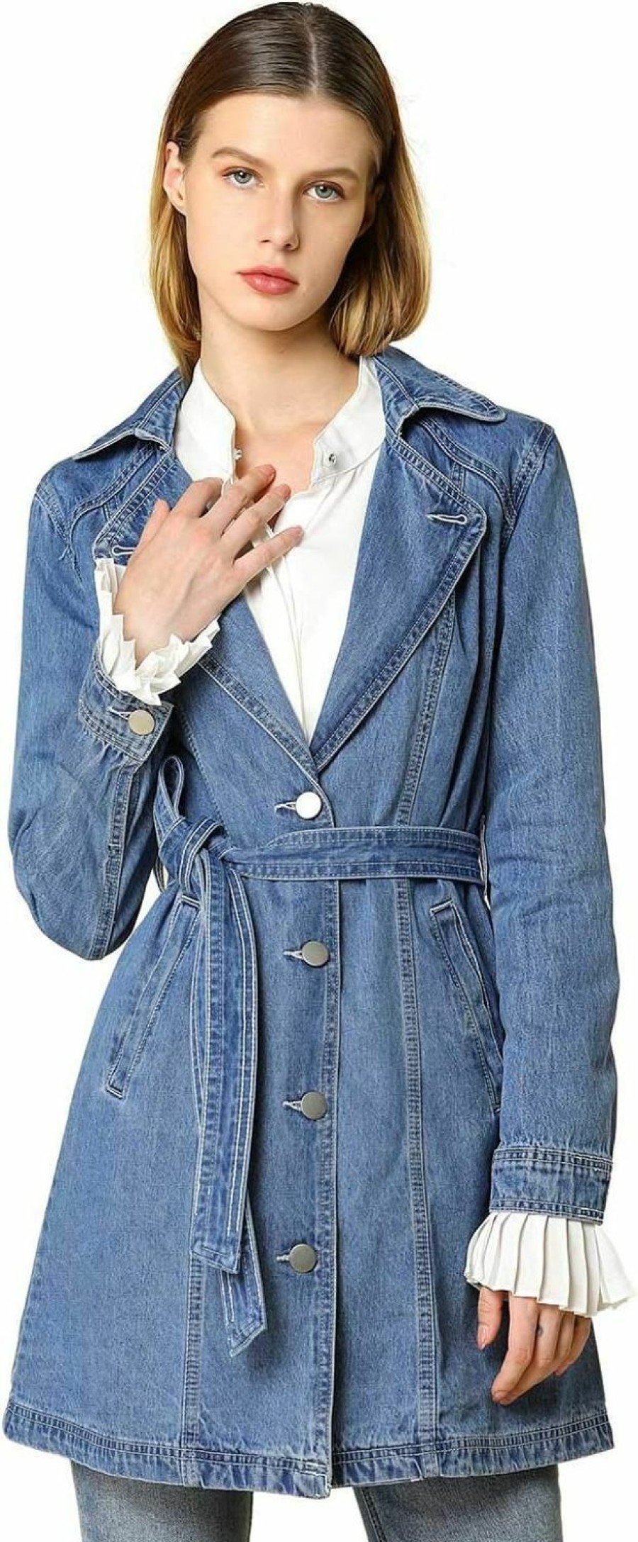 Allegra K Allegra K Women'S Jean Belted Notched Lapel Trench Long Denim Jacket | Coats, Jackets & Vests