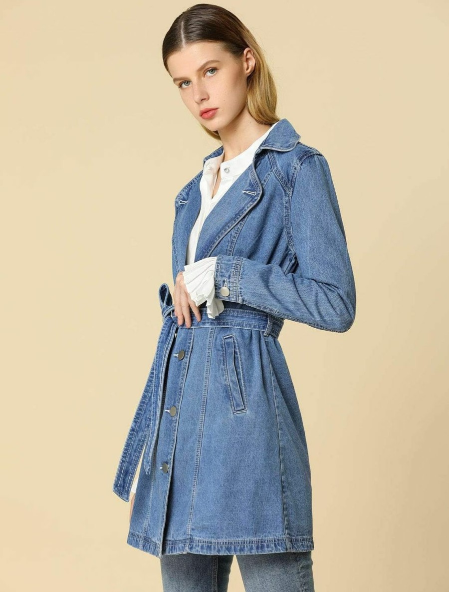 Allegra K Allegra K Women'S Jean Belted Notched Lapel Trench Long Denim Jacket | Coats, Jackets & Vests