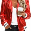 FEMLE Women Silver Metallic Holographic Glitter Jacket Sparkly Zipper Hooded Concert Rave Party Bomber Jackets With Pocket | Coats, Jackets & Vests