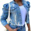 SEMATOMALA Sematomala Women'S Puff Sleeve Crop Denim Jacket Ruffle Shoulder Long Sleeve Frayed Slim Jean Coat Outwear | Coats, Jackets & Vests