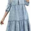 chouyatou Chouyatou Women'S Vintage Washed Loose Fit 3/4 Sleeve Tiered Babydoll Mini Denim Jean Dress | Coats, Jackets & Vests