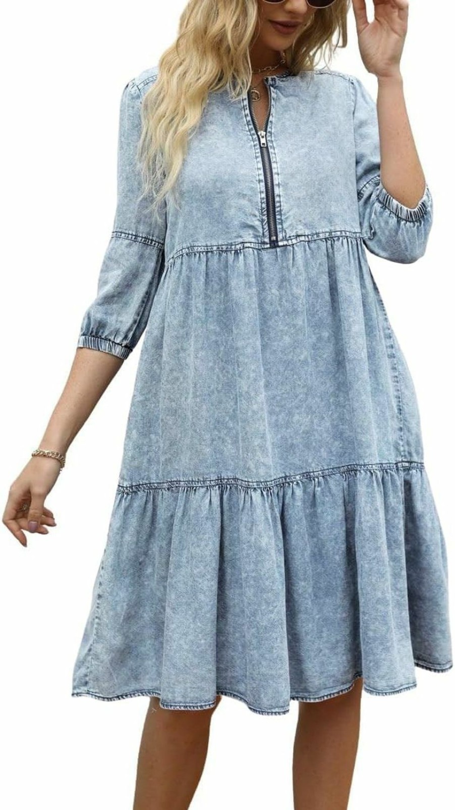 chouyatou Chouyatou Women'S Vintage Washed Loose Fit 3/4 Sleeve Tiered Babydoll Mini Denim Jean Dress | Coats, Jackets & Vests