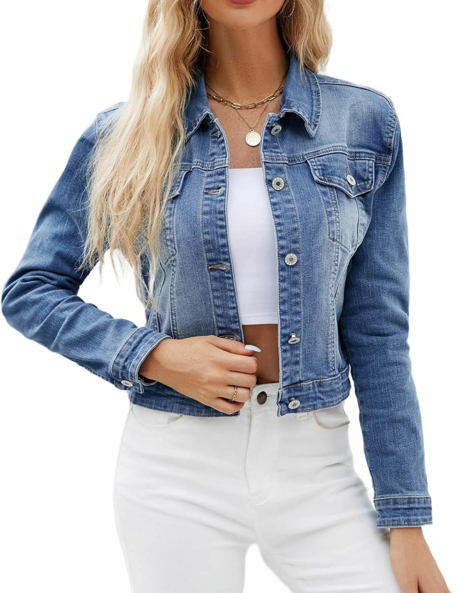 LONGYIDA Longyida Denim Jackets For Women Button Down Cropped Frayed Jean Jacket Long Sleeve Distressed Ripped Denim Jacket Coat | Coats, Jackets & Vests