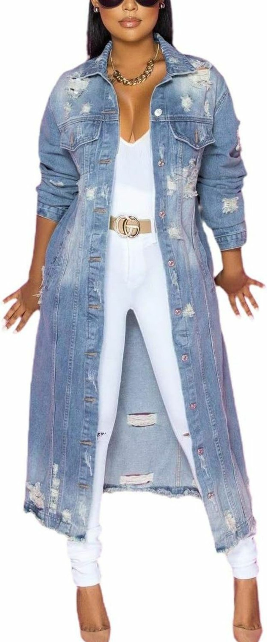 chouyatou Chouyatou Women'S Spring Fashion Ripped Holes Maxi Long Denim Jacket Trench Coat | Coats, Jackets & Vests