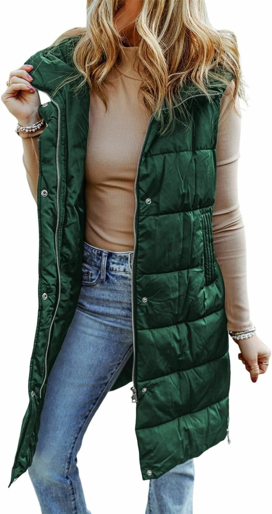 EVALESS Evaless Womens Long Puffer Vest Quilted Hooded Sleeveless Zip Up Down Jacket Winter Warm Lightweight Gilet Coat Outerwear | Coats, Jackets & Vests