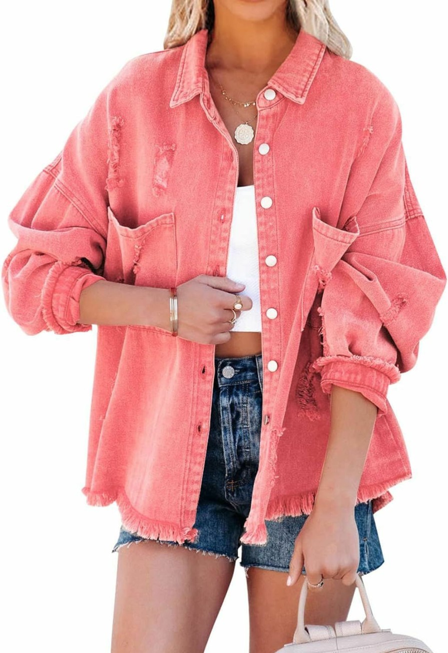 EVALESS Evaless Jean Jacket For Women Distressed Frayed Denim Jacket Ladies Ripped Stretchy Jacket With Pockets | Coats, Jackets & Vests