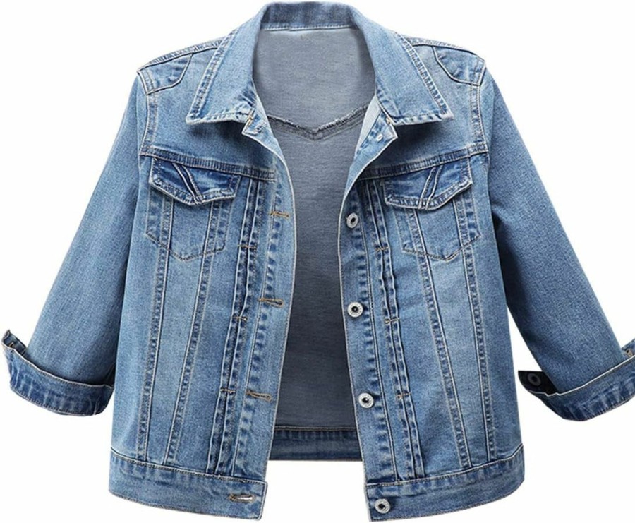 PUWEI Puwei Women'S 3/4 Sleeve Cropped Denim Jacket Distressed Lightweight Short Jean Jackets | Coats, Jackets & Vests