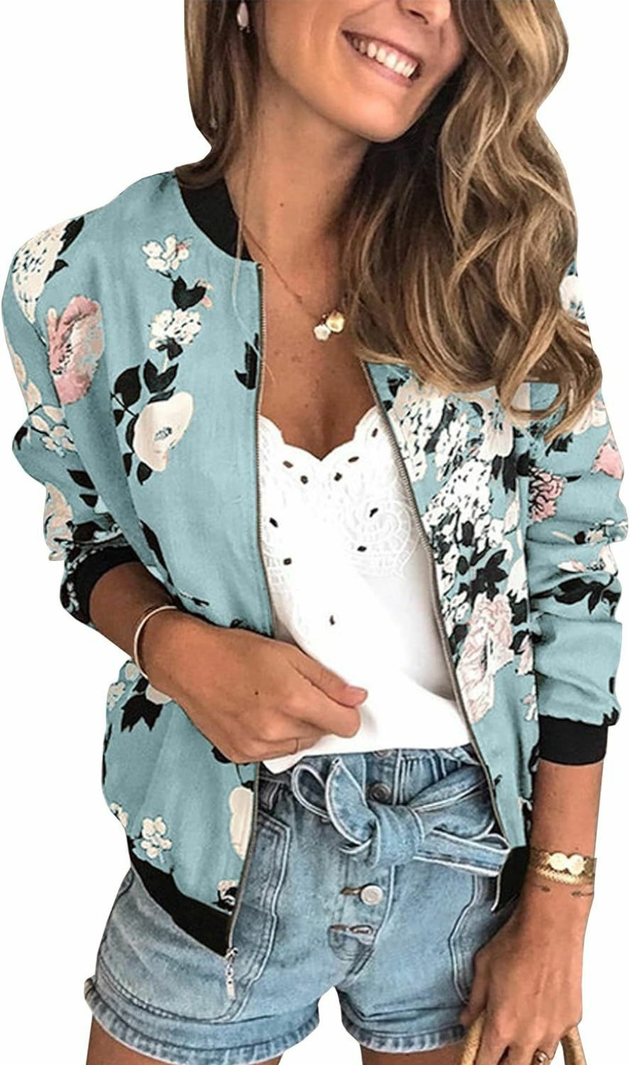 ECOWISH Ecowish Women'S Casual Floral Zip Up Bomber Jacket Coat Stand Collar Lightweight Short Outwear Tops | Coats, Jackets & Vests