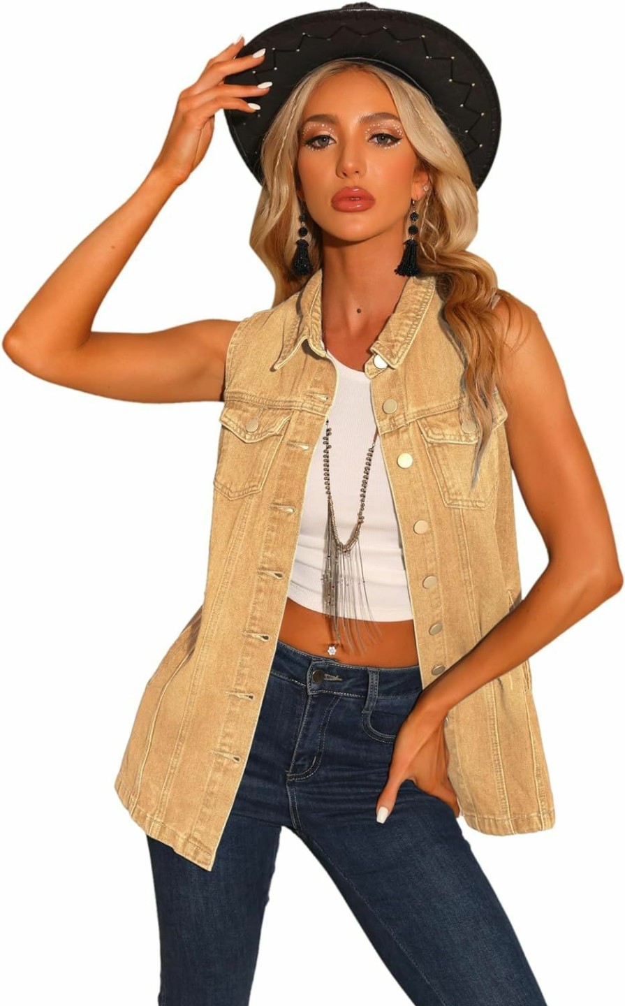 Allegra K Allegra K Women'S Denim Vest Sleeveless Button Down Waistcoat Casual Long Jean Vests | Coats, Jackets & Vests